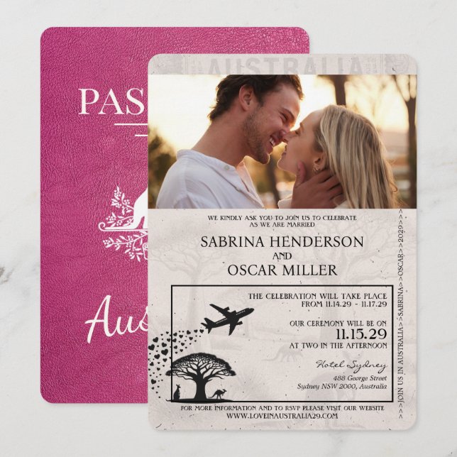 Magenta Pink Australia Passport Wedding Einladung (Vorne/Hinten)
