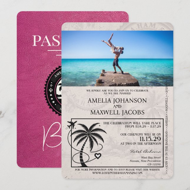 Magenta Pink Bahamas Passport Hochzeit Einladung (Vorne/Hinten)