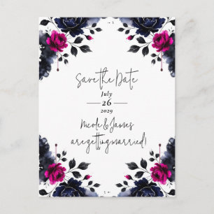 Magenta Pink Blau Tintenblüten Aquarell Hochzeitse Ankündigungspostkarte