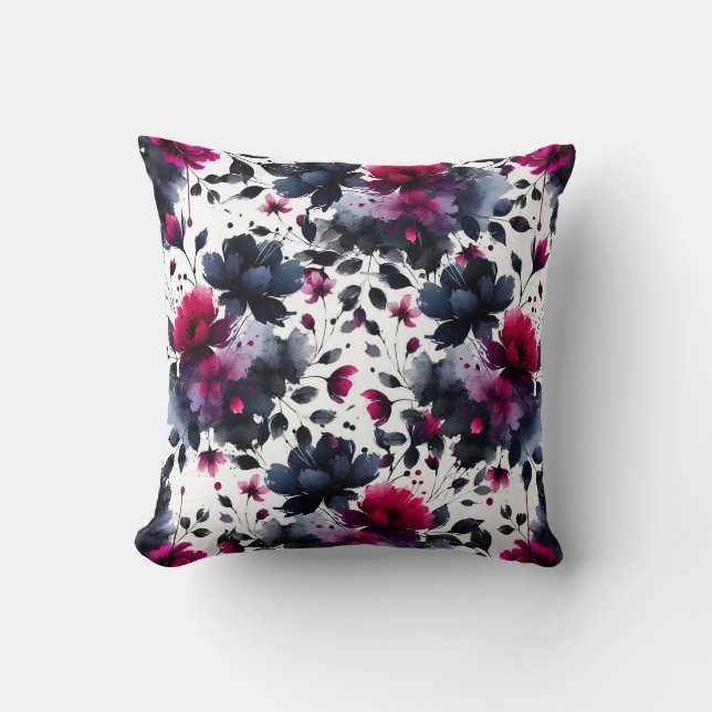 Magenta Pink & Blue Inky Blumenfarbe Kissen (Vorderseite)
