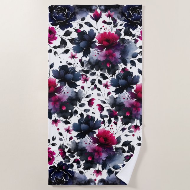 Magenta Pink & Blue Inky Blumenfarbe Strandtuch (Vorderseite)