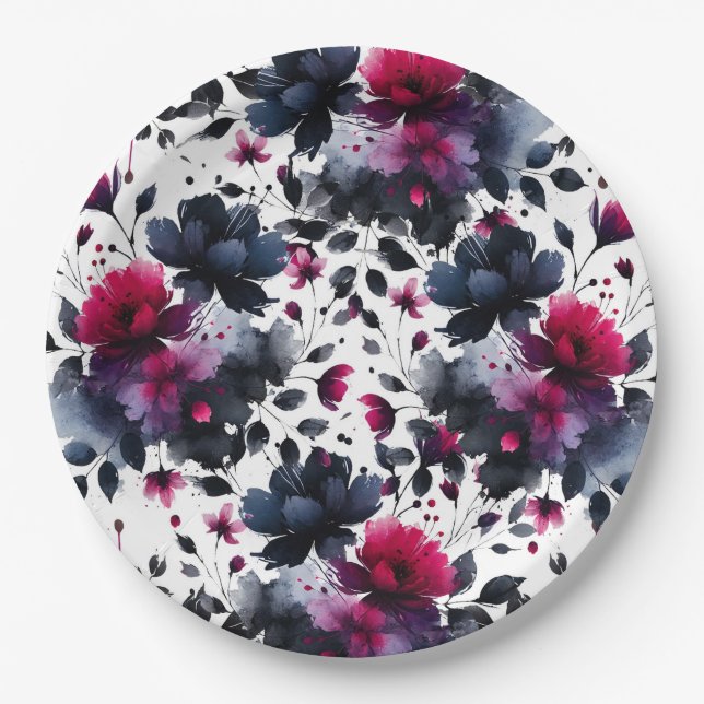 Magenta Pink & Blue Inky Wasserfarbenhochzeit Pappteller (Vorderseite)