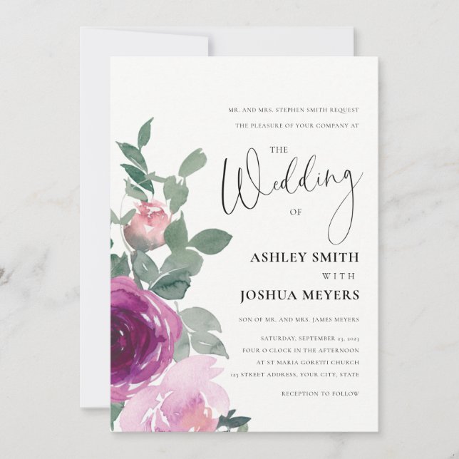 Magenta Pink Blush Pink Floral Roses Ivory Wedding Einladung (Vorderseite)