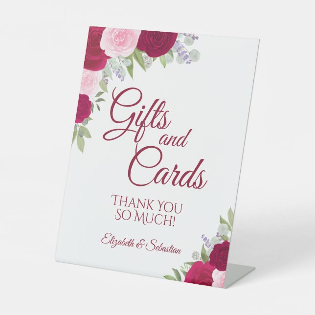 Magenta & Pink Boho Blumengeschenke & Karten Hochz Sockelschild (Vorderseite)