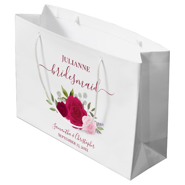 Magenta & Pink Boho Roses Wedding Bridesmaid Große Geschenktüte (Rückseite Schrägansicht)