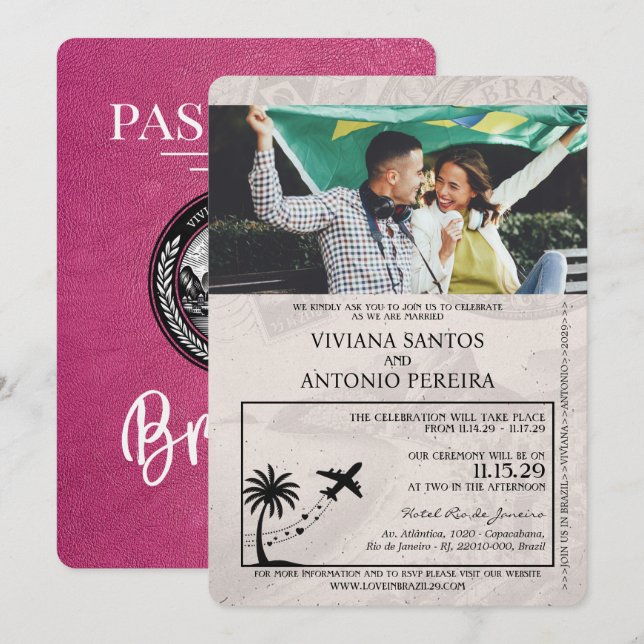 Magenta Pink Brasilien Passport Hochzeit Einladung (Vorne/Hinten)