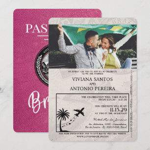 Magenta Pink Brasilien Passport Hochzeit Einladung