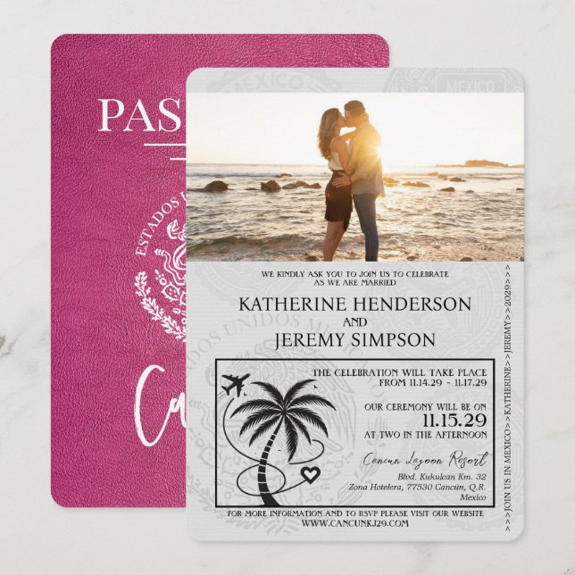 Magenta Pink Cancun Passport Wedding Einladung (Vorne/Hinten)