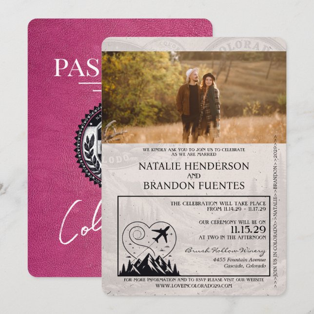 Magenta Pink Colorado Passport Wedding Einladung (Vorne/Hinten)