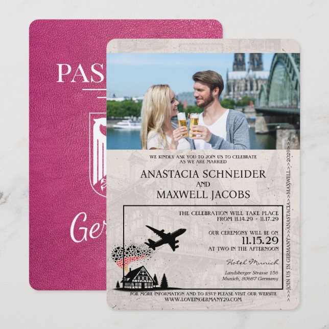 Magenta Pink Deutschland Pass Einladung Hochzeit (Vorne/Hinten)