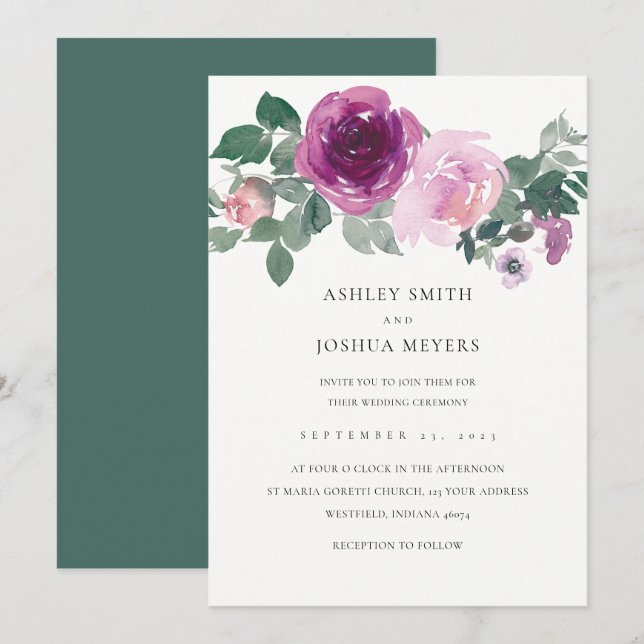 Magenta Pink Floral Pearl White Leaf Green Wedding Einladung (Vorne/Hinten)