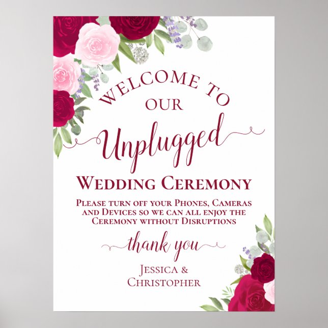 Magenta & Pink Floral Unplugged Hochzeitsfeier Poster (Vorne)