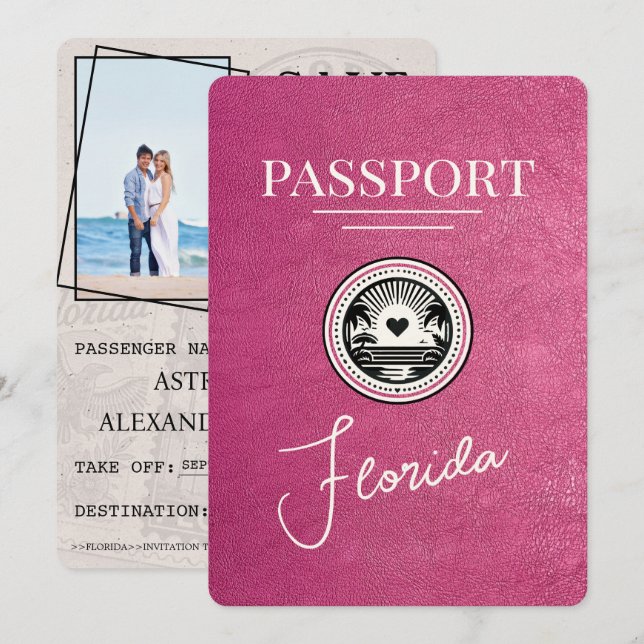 Magenta Pink Florida Passport Save the Date (Vorne/Hinten)