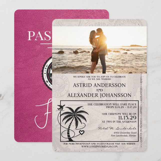 Magenta Pink Florida Passport Wedding Einladung (Vorne/Hinten)