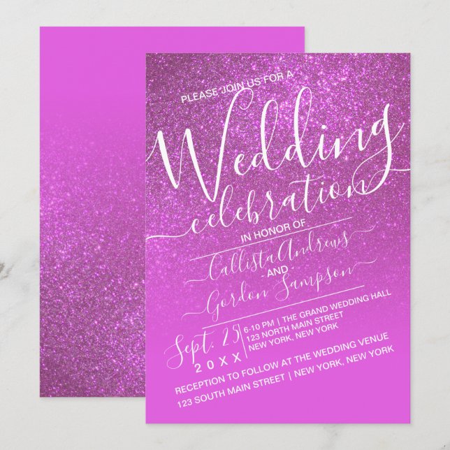 Magenta Pink Funkelnd Glitzer Ombre Wedding Einladung (Vorne/Hinten)