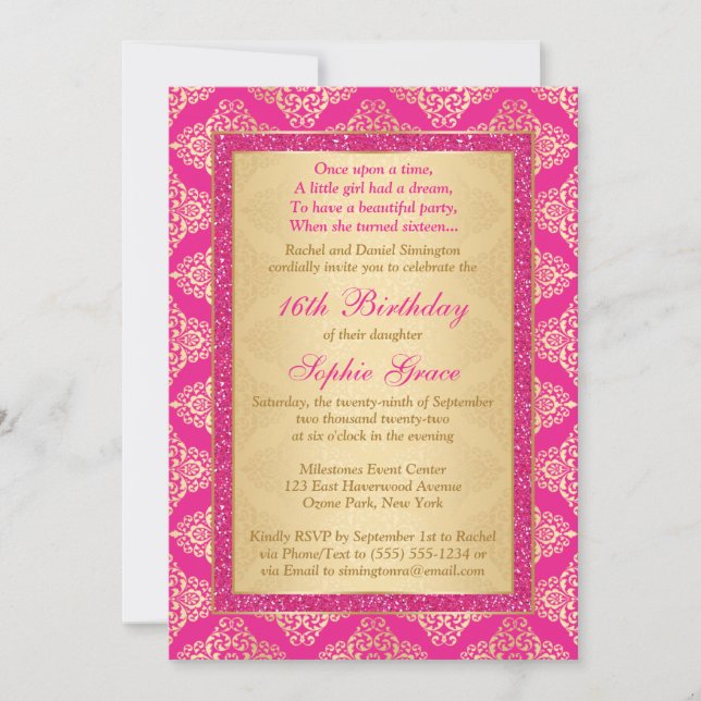 Magenta Pink, Gold Damask 16. Geburtstag Einladung (Vorderseite)