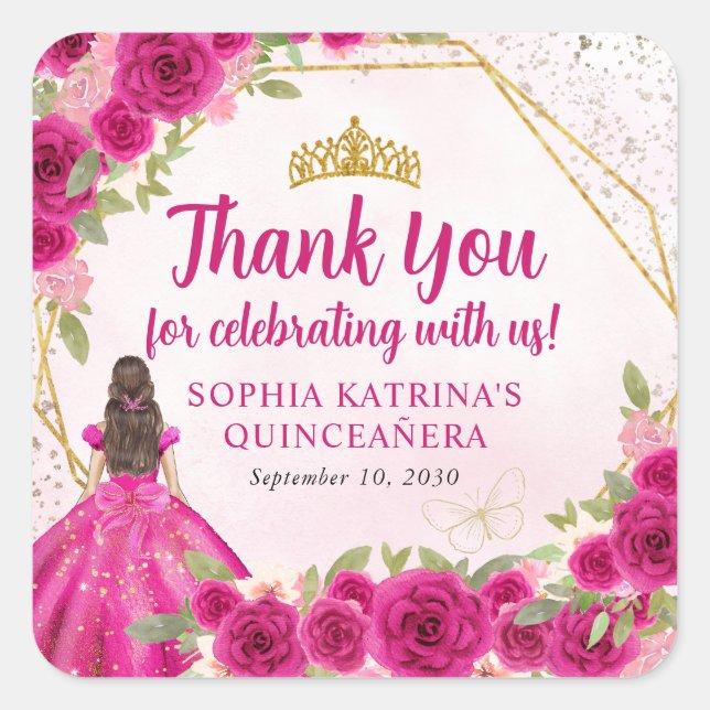 Magenta Pink Gold Floral Princess Crown Vielen Dan Quadratischer Aufkleber (Vorderseite)