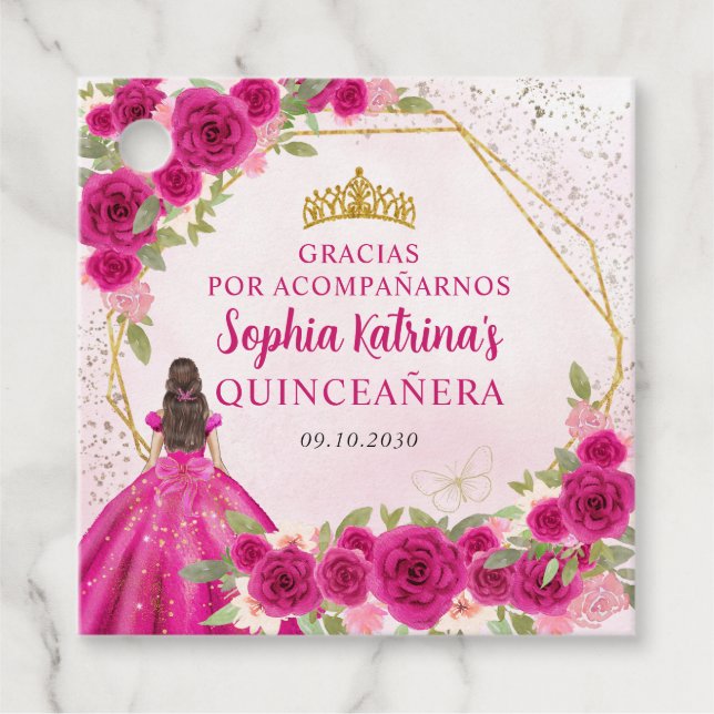 Magenta Pink Gold Floral Princess Tiara Gracias Geschenkanhänger (Vorderseite)