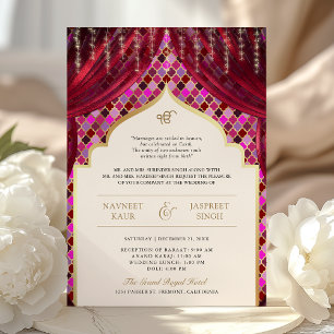 Magenta Pink Gold Quatrefolie QR Code Sikh Wedding Einladung