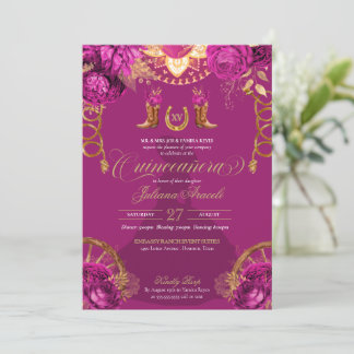 Magenta Pink Gold Rose Charro Western Quinceanera Einladung