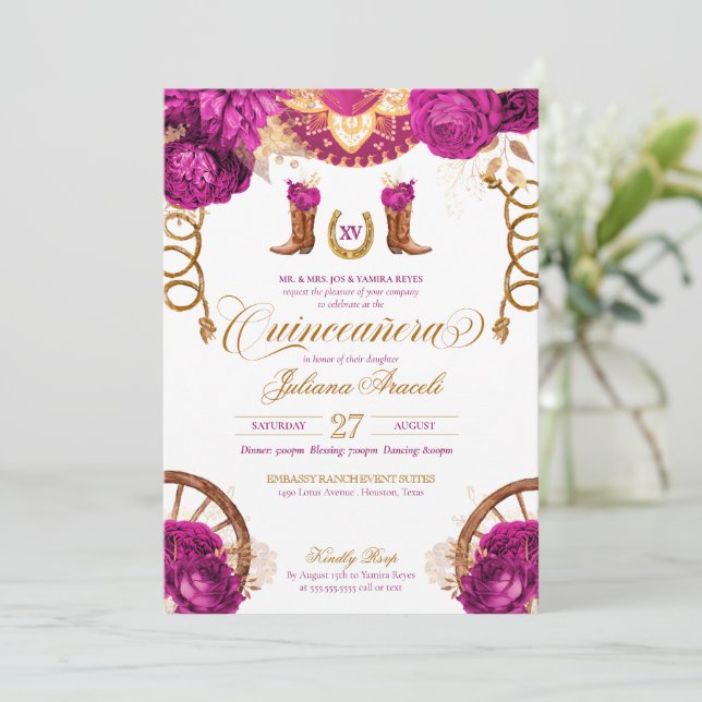 Magenta Pink Gold Rose Country Western Quinceanera Einladung (Stehend Vorderseite)