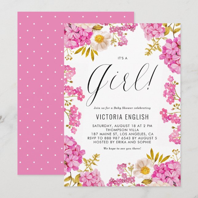 Magenta Pink Hydrangeas Es ist eine Girl Baby Dusc Einladung (Vorne/Hinten)