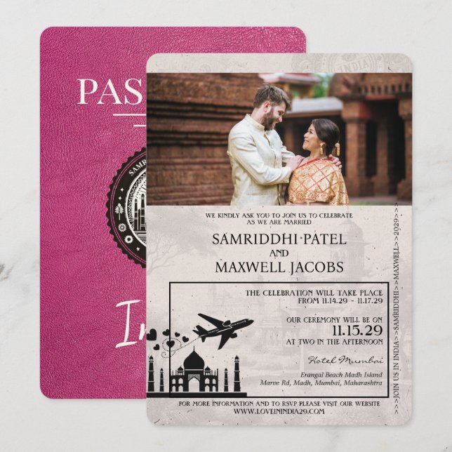 Magenta Pink India Pass Einladung zur Hochzeit (Vorne/Hinten)
