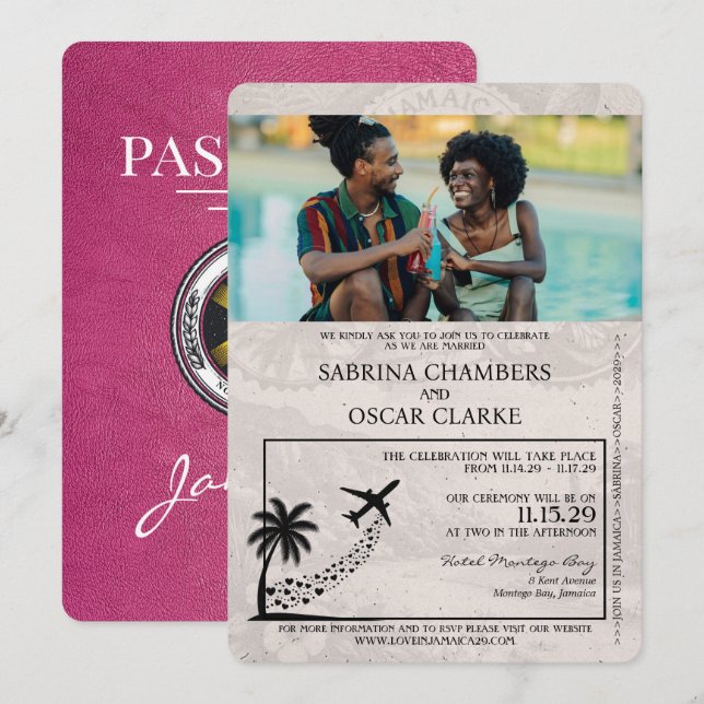 Magenta Pink Jamaica Passport Wedding Einladung (Vorne/Hinten)