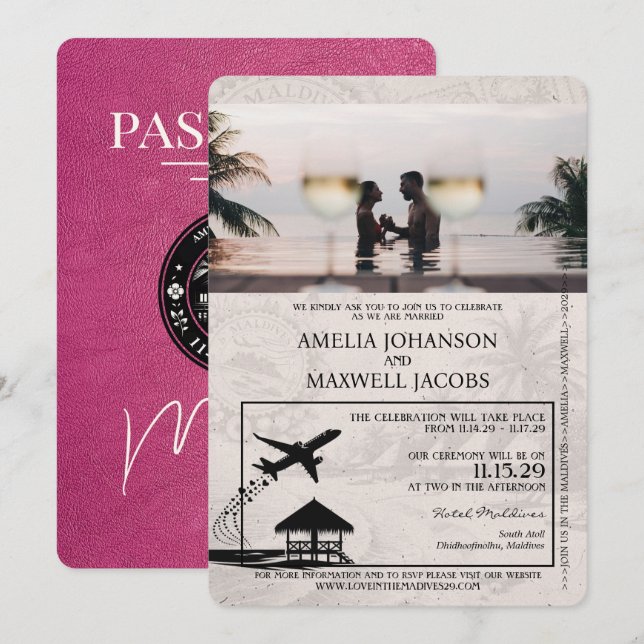 Magenta Pink Maldives Passport Hochzeit Einladung (Vorne/Hinten)