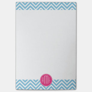 Magenta Pink Monogramm mit hellblauem Zickzack Post-it Klebezettel
