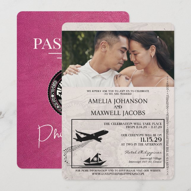 Magenta Pink Philippines Passport Wedding Einladung (Vorne/Hinten)