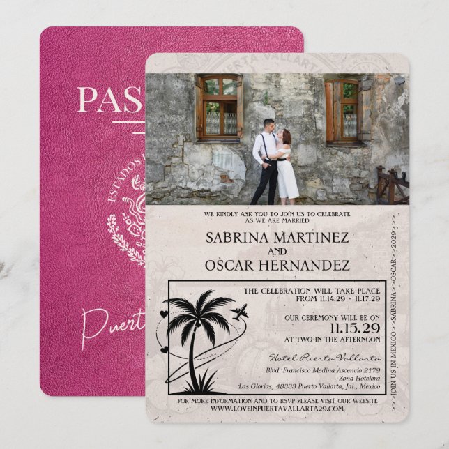 Magenta Pink Puerta Vallarta Passport Wedding Einladung (Vorne/Hinten)