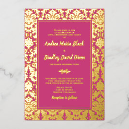 Magenta Pink Real Gold Damask Hochzeit Folieneinladung