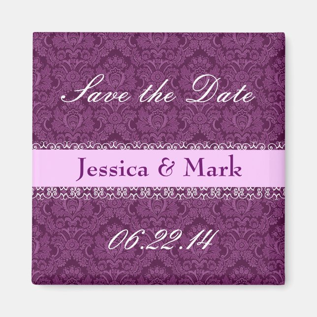 Magenta & Pink Rett Date Damask Wedding Magnet (Vorne)