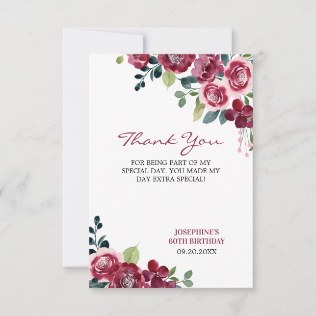 Magenta Pink Rose Floral Greenery Birthday Dankeskarte (Vorderseite)