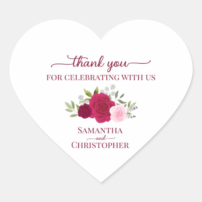 Magenta Pink Roses Elegant Wedding Thank You Herz-Aufkleber (Vorderseite)