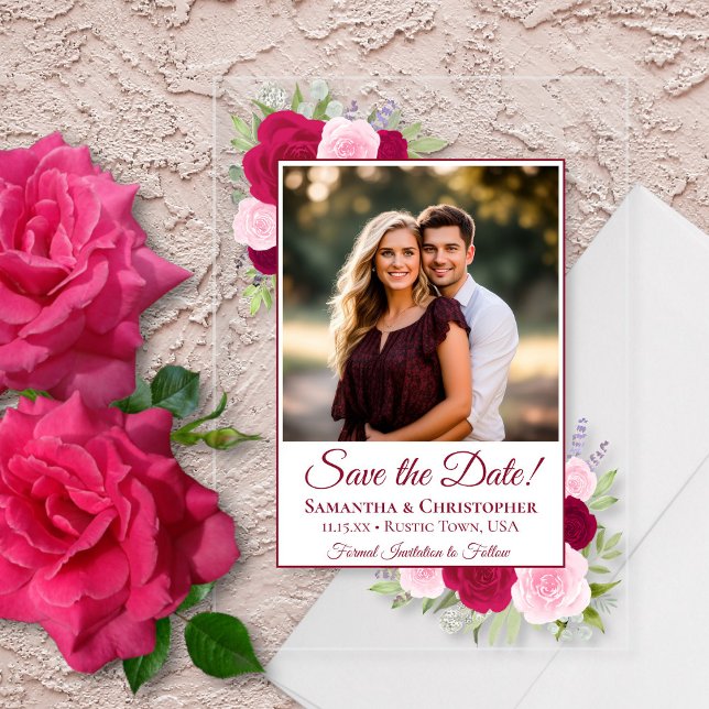 Magenta Pink Roses & Foto Hochzeit Speichern Sie d Acryleinladungen (Clear Acrylic with Rectangle Cut)