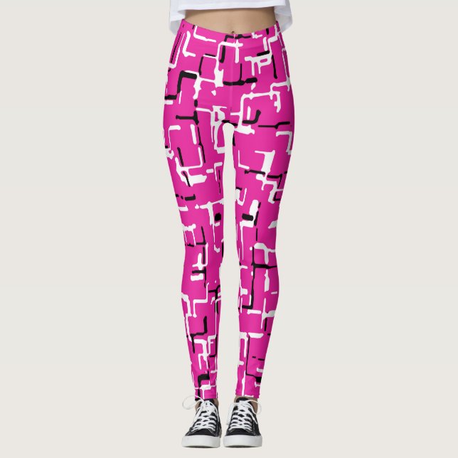 Magenta Pink Schwarz-weiß Chic Muster Leggings (Vorderseite)