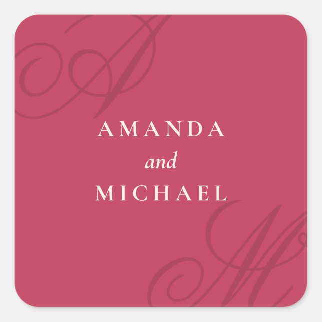 Magenta Pink Simple Elegant Monogram Wedding Quadratischer Aufkleber (Vorderseite)