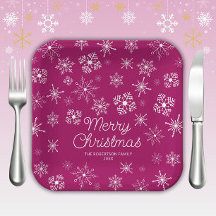 Magenta Pink Snowflakes Weihnachts-Party Pappteller