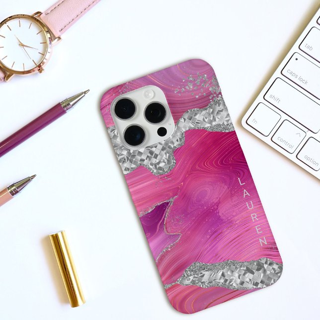 Magenta Pink Swirl Agate Geode Silver Glitzer Case-Mate iPhone Hülle (Von Creator hochgeladen)