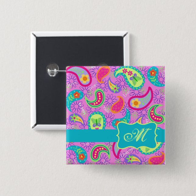 Magenta Pink Turquoise Modern Paisley Monogram Button (Vorne & Hinten)