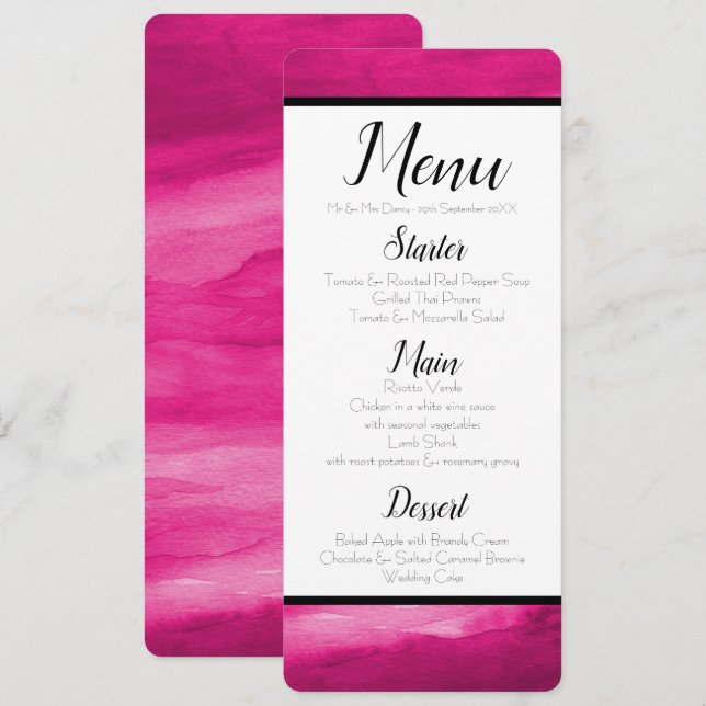 Magenta Pink Watercolor Menü Einladung (Vorne/Hinten)