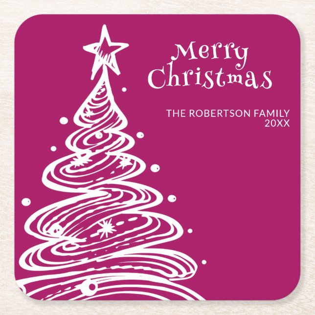 Magenta Pink White Christmas Tree Party Rechteckiger Pappuntersetzer (Vorderseite)