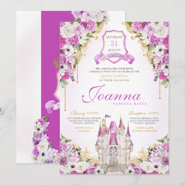 Magenta Princess Castle Royal Quinceanera Einladung (Vorne/Hinten)