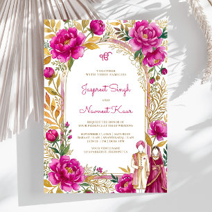 Magenta Rosa Aquarell Blumenbogen Sikh-Hochzeit Einladung