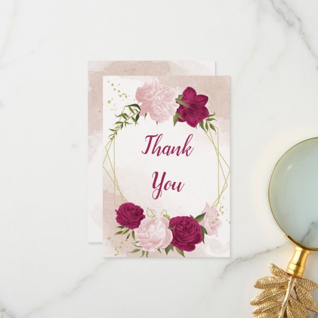 magenta rosa Blume Grün Blätter Hochzeit Dankeskarte (Vorderseite/Rückseite Beispiel)