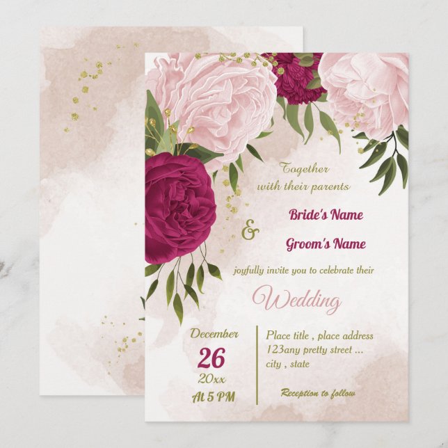 magenta rosa Blume Grün Blätter Hochzeit Einladung (Vorne/Hinten)