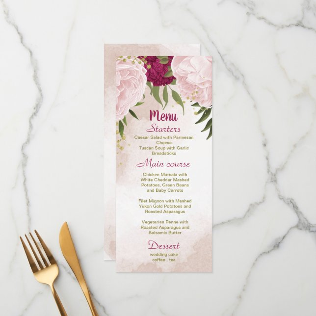 magenta rosa Blume Grün Blätter Hochzeit Menükarte (Vorderseite/Rückseite Beispiel)
