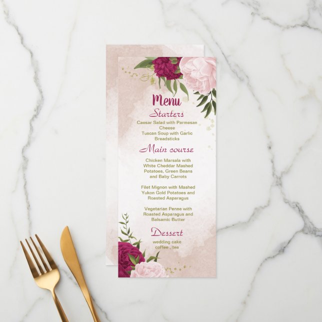 magenta rosa Blume Grün Blätter Hochzeit Menükarte (Vorderseite/Rückseite Beispiel)